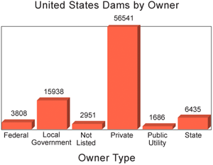 United States Dams by Owner bar graph: Public Utility-1707, Private-57508, Local Gov't-16536, State-4232, Federal-3075, Unknown-481 