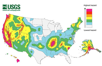 USGS map showing risk levels of future earthquake occurances in US